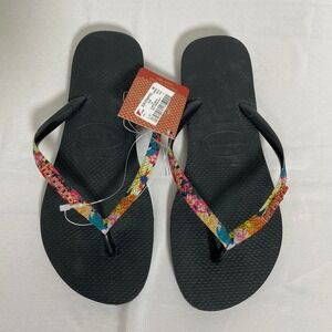Havaianas Slim Tropical Slip on Casual Black Flip Flops Women's Sz 37-38 NWT